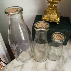 3 Vintage Milk Bottles w/ tops Antique Milk Bottle Small Medium Large